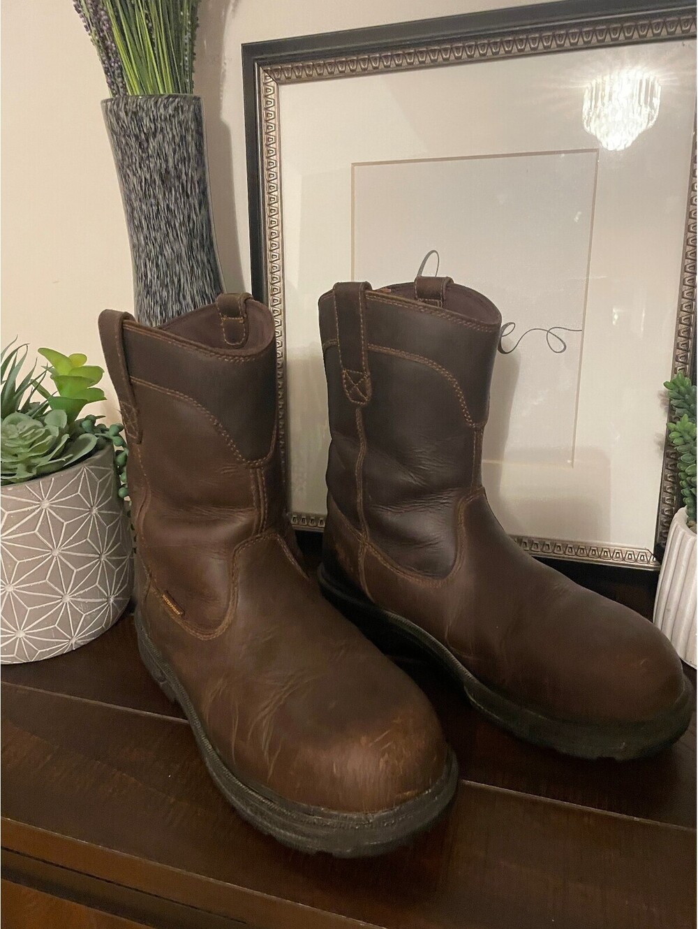 Men's Herman Survivors Brown Leather Pull On Steel Toe Work Boots Size 7.5